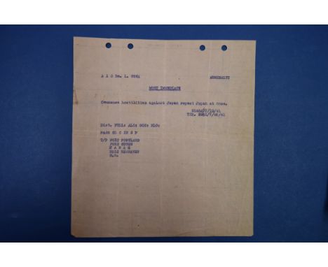 DECLARATION OF WAR ON JAPAN: original naval telegram, typewritten, dated 7/12/41, marked 'Most Immediate', stating 'commence 