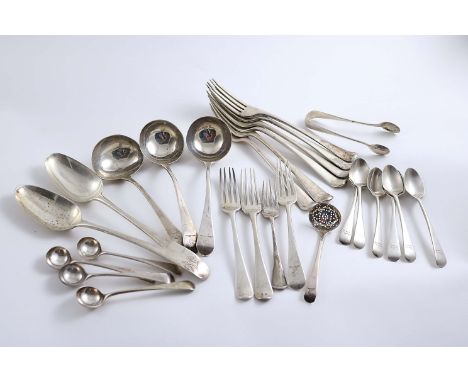 ASSORTED OLD ENGLISH PATTERN FLATWARE:- Two George III table spoons, a set of four salt spoons,  six early 20th century egg s