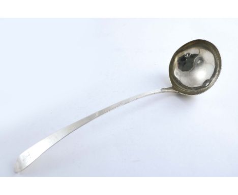 A GEORGE III IRISH SOUP LADLE with a pointed end, crested, by Michael Keating, Dublin 1798;  13.75"  (35 cms) long;  5.65 oz