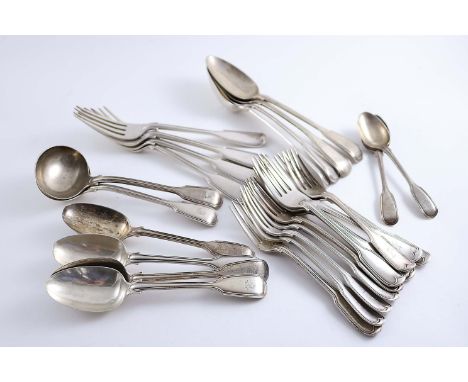 FIDDLE & THREAD PATTERN FLATWARE:- A set of four table spoons, four table forks, one dessert fork, two tea spoons & two sauce