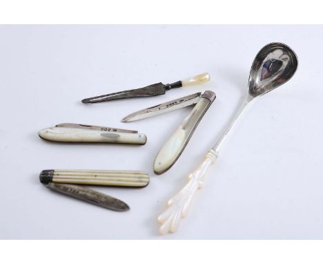 THREE LATE VICTORIAN MOTHER OF PEARL-MOUNTED FOLDING FRUIT KNIVES, a small mother of pearl mounted bookmark and a Dutch ladle