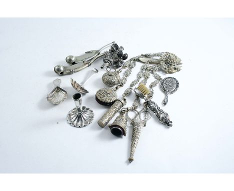 TWO PLATED BOSUN'S WHISTLES a rattle and a chatelaine, a caddy spoon 1806, another Chester 1908 and three small silver items 
