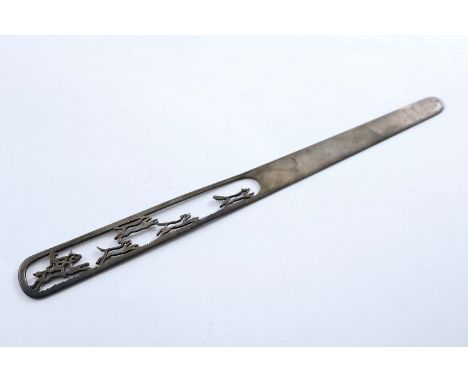 A 20TH CENTURY PAPERKNIFE fret-pierced with a fox-hunting scene, maker's mark "C&CH", Birmingham 1919;  9.2"  (23.3 cms) long