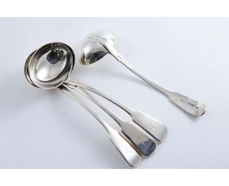 A SET OF THREE GEORGE IV IRISH SAUCE LADLES Fiddle Rattail pattern, initialled "A" and numbered "I", "II" & "III" on the back