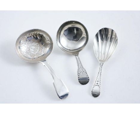 A GEORGE III CADDY SPOON with a bright-engraved Fiddle stem, by Elizabeth Morley, London 1805, another George III bright-cut 