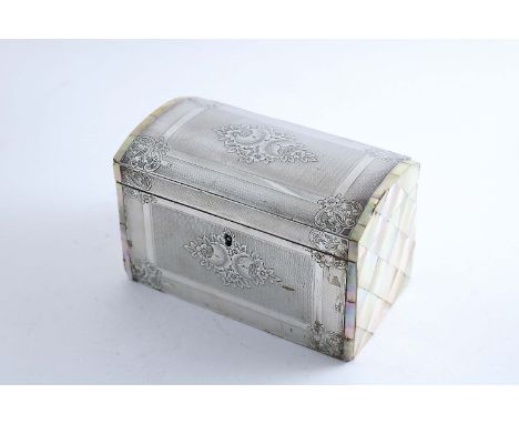 A VICTORIAN MOUNTED MOTHER OF PEARL CASKET  with slightly domed cover and engine-turned decoration with engraved foliate deta