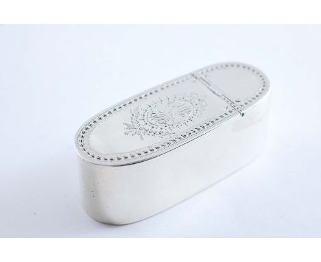 A GEORGE III PROVINCIAL SNUFF BOX oblong with rounded ends and an engraved top section with a central cartouche, initialled "