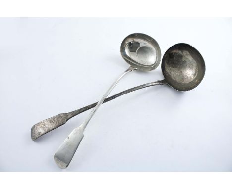 A GEORGE III FIDDLE PATTERN SOUP LADLE maker's mark "WE", London 1806 and a larger Fiddle pattern soup ladle, initialled "T",