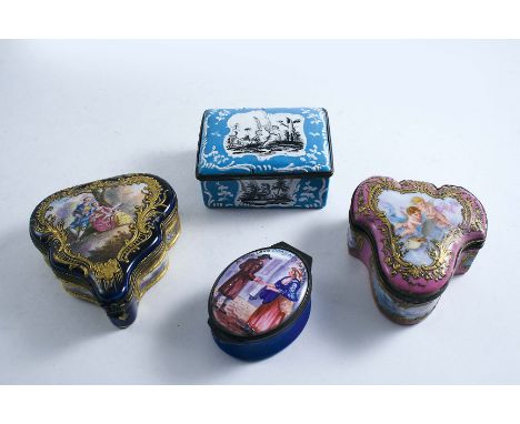 A STAFFORDSHIRE ENAMEL SNUFF BOX pale blue with reserves en grisaille," a box inscribed "A New Love Song...etc" and two Frenc