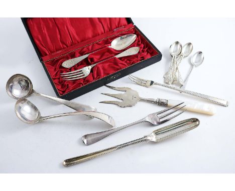 A MIXED LOT OF FLATWARE:- A Victorian spoon & fork in a fitted case, an antique three-prong fork, a George IV Thread pattern 