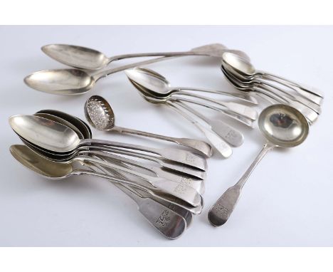A HARLEQUIN PART SERVICE OF FIDDLE PATTERN FLATWARE INCLUDING:- Eight table spoons, five dessert spoons, seven tea spoons,  a