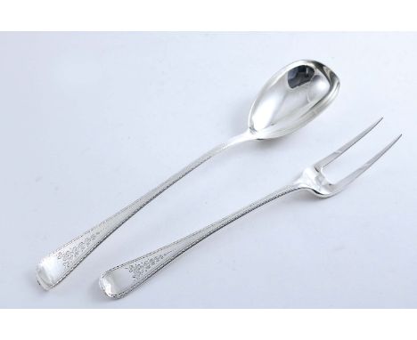 AN EARLY VICTORIAN SERVING FORK & A SERVING SPOON both engraved to match, by two different makers, London 1837 and 1842;  the