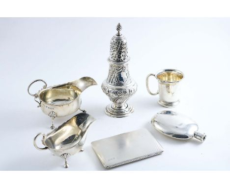 A MIXED LOT:- A late Victorian embossed sugar caster, two sauce boats, a small mug, initialled, a Victorian oval spirit flask