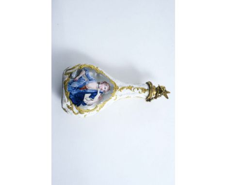 A STAFFORDSHIRE ENAMEL SCENT BOTTLE white painted with a lady wearing blue dress, the reverse with flowers, gilt bird finial;