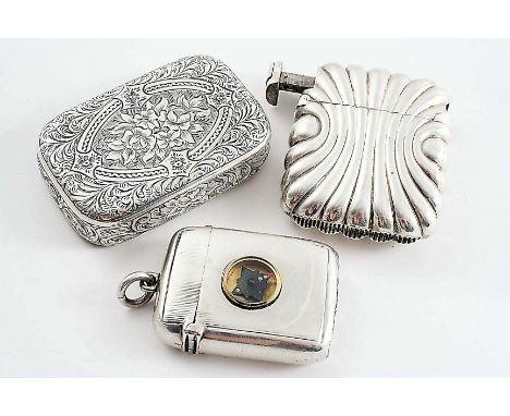 A LATE VICTORIAN SILVER PUZZLE-OPENING VESTA CASE with engraving, by Alfred Taylor, Birmingham 1870, silver "Unity Patent" ve