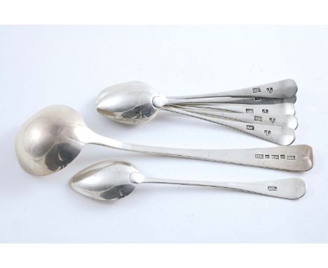 A SCOTTISH PROVINCIAL SAUCE OR TODDY LADLE by Robert Keay of Perth, a set of five tea spoons and a masting spoon, initialled,