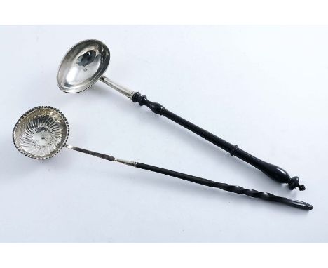 AN EARLY GEORGE II WEST COUNTRY PUNCH LADLE with a goose egg-shaped bowl and a reeded border, scratched on the front with the