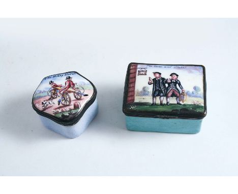 TWO ENAMEL SNUFF OR PATCH BOXES The covers painted with figures, one inscribed "The Vicar and Moses", 5 cms; the other "The H