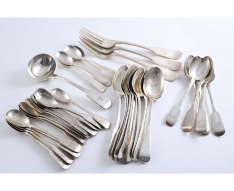 ASSORTED ANTIQUE IRISH FLATWARE:- A set of three Fiddle table forks, crested, eleven dessert spoons (some initialled, some cr