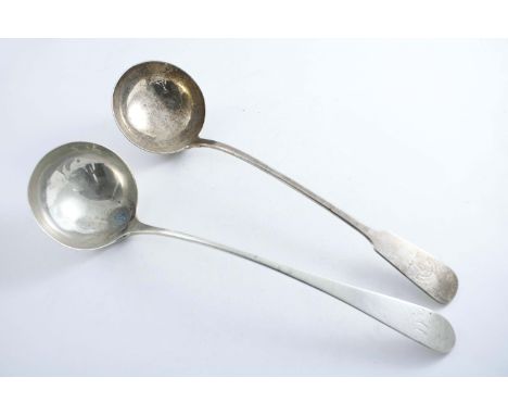 A WILLIAM IV SCOTTISH FIDDLE PATTERN SOUP LADLE engraved crest & motto, by R. Gray & Sons, Glasgow 1835 and another Scottish 