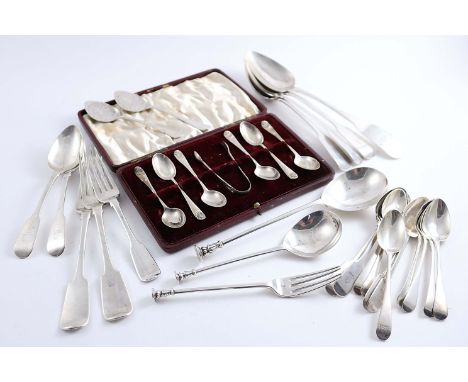 MISCELLANEOUS FLATWARE:- Four table spoons, two table forks, two dessert spoons, a dessert fork, eleven tea spoons, two jam s