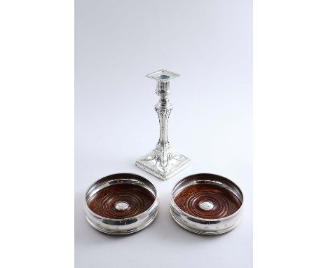 A PAIR OF CONTEMPORARY WINE COASTERS with turned wooden bases & central bosses, by John Bull Ltd., London 1903 and a single, 