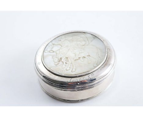 A GEORGE III SILVER & MOTHER OF PEARL SNUFF OR TOBACCO BOX plain circular with reeded borders, the full-off cover and base bo