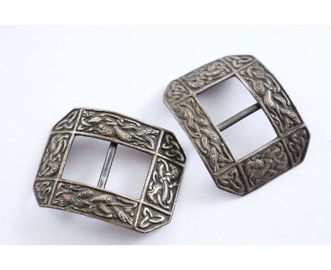 A PAIR OF EARLY 20TH CENTURY SCOTTISH PROVINCIAL BUCKLES of canted rectangular form with "Celtic" interlaced serpents in low 