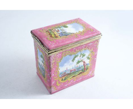 A STAFFORDSHIRE ENAMEL CANISTER pink with dotted white decoration and painted rural vignettes within gilt rococo borders;  11