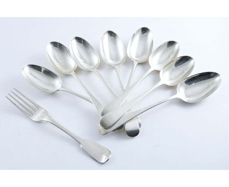 A MIXED LOT:- A set of five Victorian Old English pattern table spoons by George Adams, London 1861, another similar example 