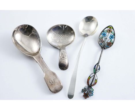 FOUR SPOONS:- A Norwegian plique-a-jour tea spoon, a George IV Fiddle pattern caddy spoon, initialled, a modern engraved cadd
