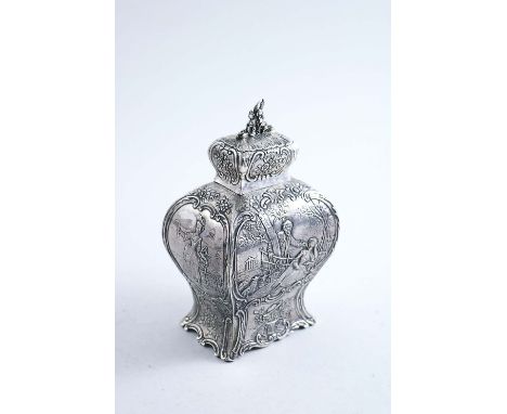 A LATE 19TH CENTURY CONTINENTAL DECORATIVE TEA CADDY with scenes of courting couples and flower girls in low relief and Engli