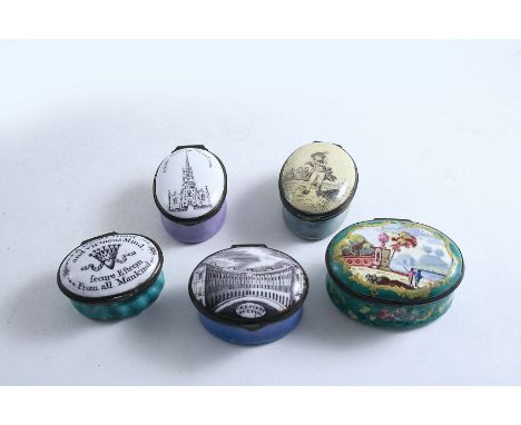 FIVE VARIOUS ENAMEL PATCH BOXES Three with inscribed covers viz: "A Trifle from Grantham", "Crescent Buxton" and "A Tender He