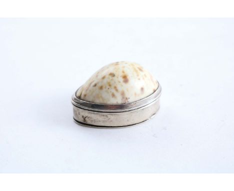 A GEORGE III SMALL SILVER-MOUNTED COWRIE SHELL SNUFF BOX with a plain mount and flush hinge, by Joseph Ash, London 1814;  1.5