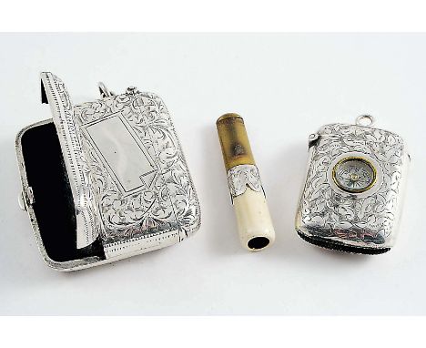 A LATE VICTORIAN ENGRAVED SILVER "PATENT" VESTA CASE with a cheroot holder compartment & a vacant cartouche, by J. Gloster, B