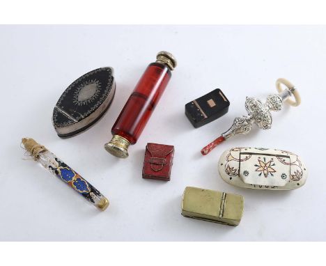 A MIXED LOT:- A Victorian silvergilt mounted, double-ended red glass scent bottle, a "penny lavender" glass scent bottle, a b