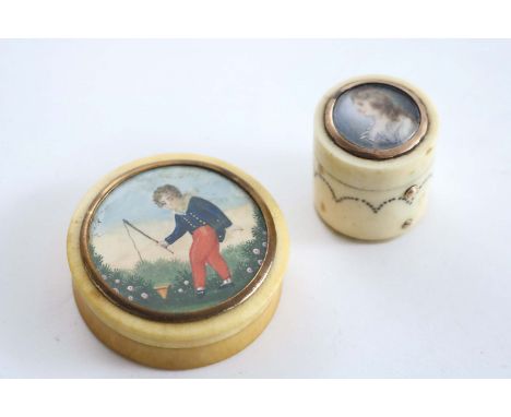 AN EARLY 19TH CENTURY CIRCULAR IVORY BOX with a tortoiseshell lining, the cover painted with a boy in a rose garden (behind g