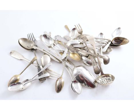 MISCELLANEOUS FLATWARE:- A spoon by Georg Jensen, a sugar sifter ladle, numerous tea & other small spoons, etc.;  21.6 oz  (l