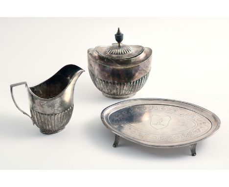 A MIXED LOT:- A George III navette-shaped tea pot stand with engraved decoration, crested, by Peter & Anne Bateman, London 17