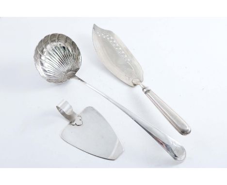 A GEORGE III IRISH SOUP LADLE with a fluted circular bowl, crested, a George III fish slice with a loaded handle, and a late 