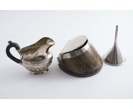 A 19TH CENTURY RUSSIAN PART-FLUTED CREAM JUG with a wooden scroll handle, Moscow 1834, a Victorian mounted horse's hoof snuff