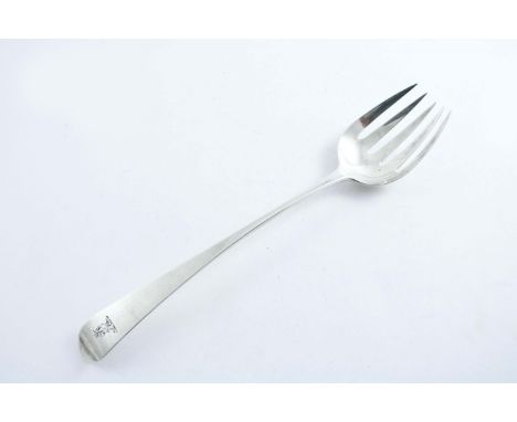 A GEORGE III IRISH PROVINCIAL SERVING FORK  (adapted from a basting spoon), crested, by Samuel Reily, (S.R.STERLING), Cork c.