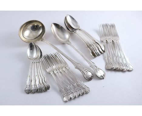 A VICTORIAN PART SERVICE OF VICTORIA PATTERN FLATWARE INCLUDING:- Six table spoons, six table forks,  six dessert forks, six 