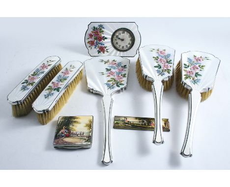 A SILVER & ENAMELLED DRESSING TABLE SET white guilloche enamel, painted with pink roses & forget-me-nots, six pieces, includi