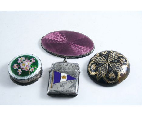 A SILVER VESTA CASE with enamelled flag, Birmingham 1897, a small mirror with enamel back, a silver pill box with floral enam