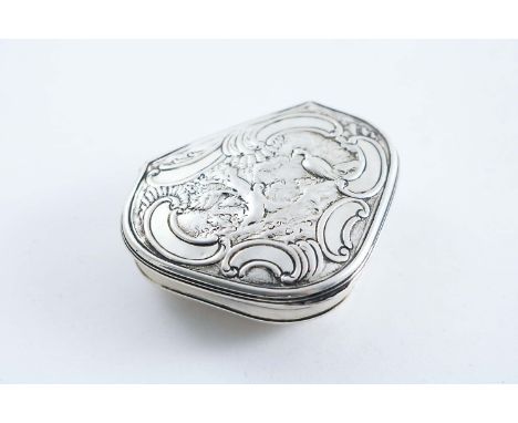 A GEORGE II CARTOUCHE-SHAPED SNUFF BOX with a bird in a landscape in low relief on the cover, gilt interior, by Robert Cox, L