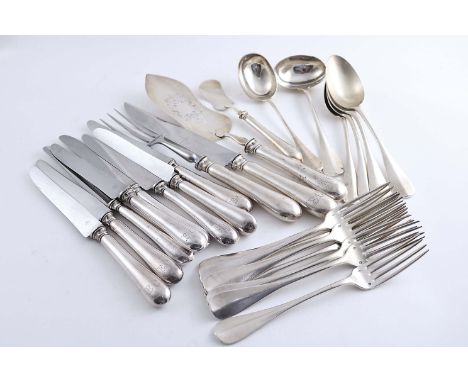 A LATE 19TH / EARLY 20TH CENTURY FRENCH PART-SERVICE OF FLATWARE & CUTLERY INCLUDING:- Four table spoons, eight table forks, 