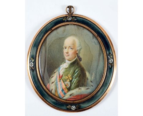 19TH CENTURY FRENCH SCHOOL Miniature portrait of a nobleman wearing various orders, half length, on ivory; 7 x 6 cms in inlai
