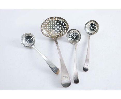 THREE GEORGE III OLD ENGLISH PATTERN SMALL SIFTER LADLES all crested, by various makers, & mixed dates, and a George III larg