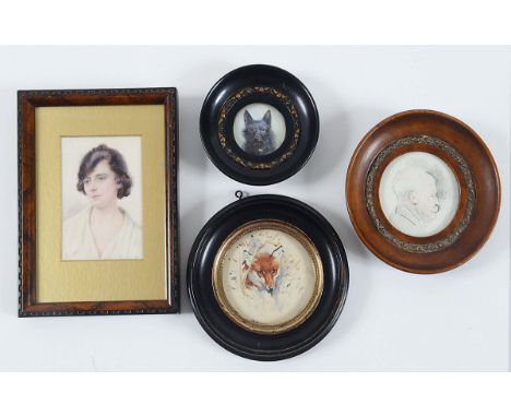 ENGLISH SCHOOL Miniature portrait of a terrier, on ivory; 4.5 cms diameter, signed with monogram (F.G.Y?), portrait of a fox,